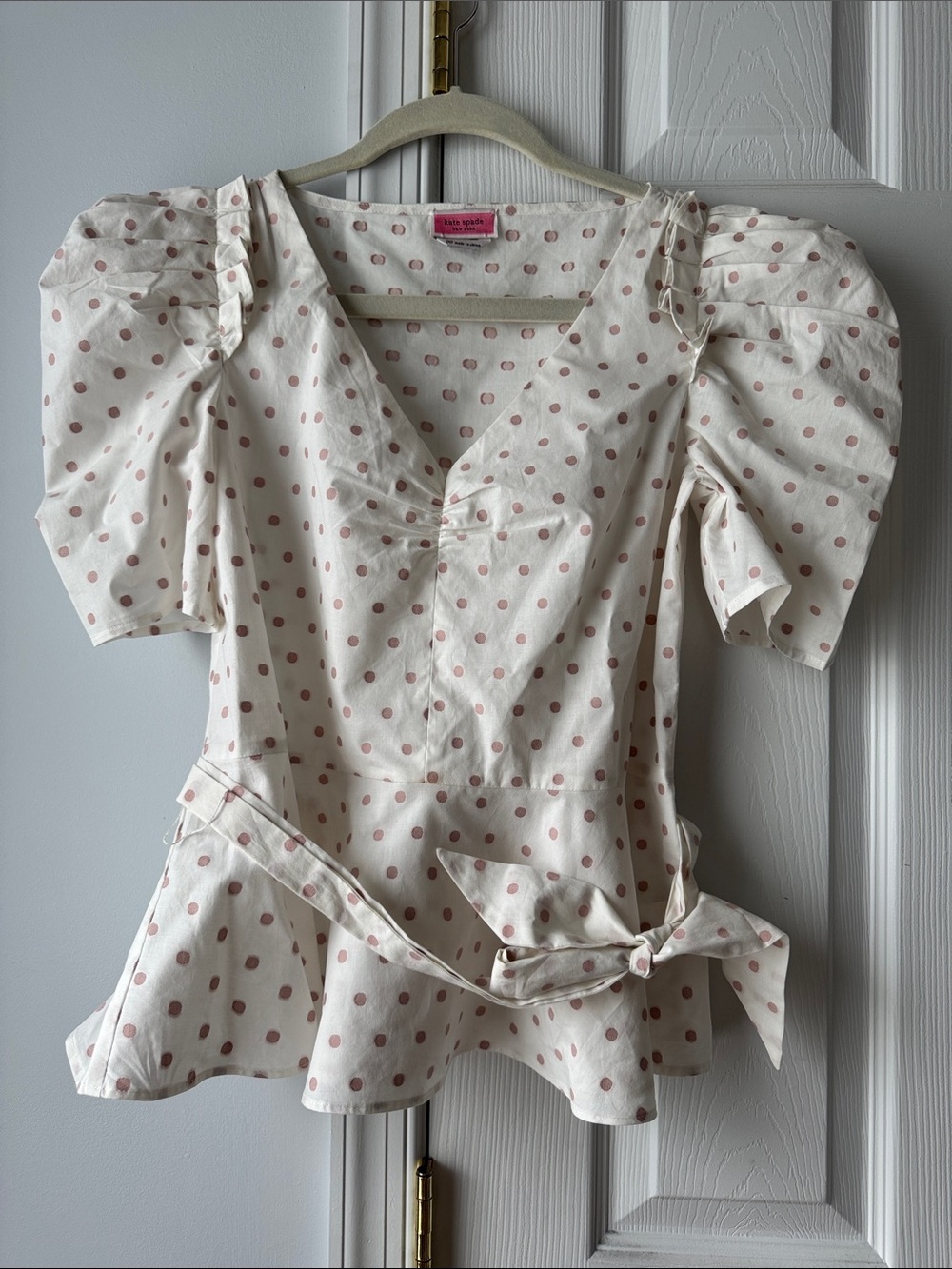 kate spade Cream Peplum Top with Pink Polka Dots